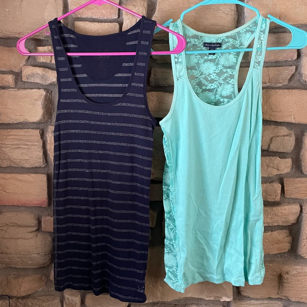 2 Navy and Teal American Eagle Tank Tops